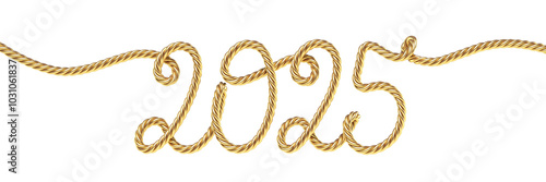 New Year 2025. The numbers are twisted from gold wire. Imitation of handwritten text. Transparent background. 3D rendering
