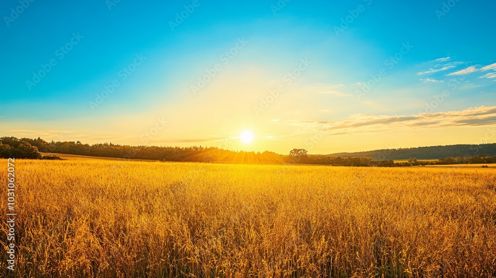 Obraz premium Sunset Over a Field of Golden Grass with Trees in the Distance