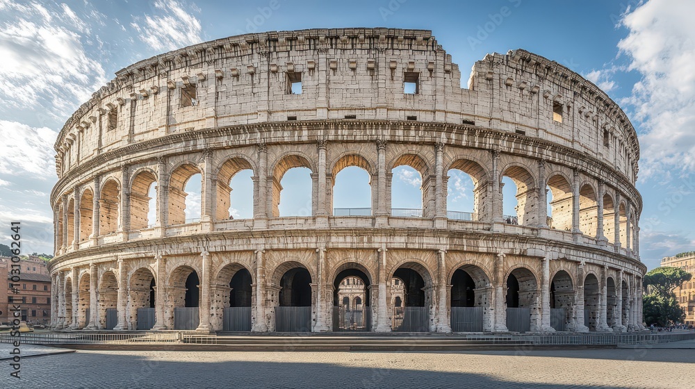 Obraz premium Tall arches at the coliseum’s entrance perfectly symmetrical and lit by sunlight