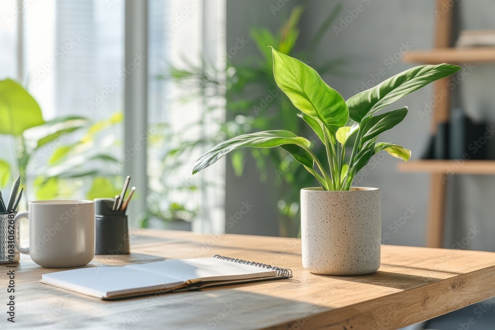 A serene workspace featuring a potted plant, notebook, and coffee cup in a bright, modern home office during daylight hours A serene workspace featuring a potted plant, notebook, and coffee cup in a bright, modern home office during daylight hours