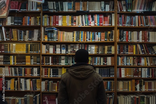 A person explores a vast collection of vintage books in a cozy library during the afternoon, immersing themselves in literary discovery and quiet contemplation