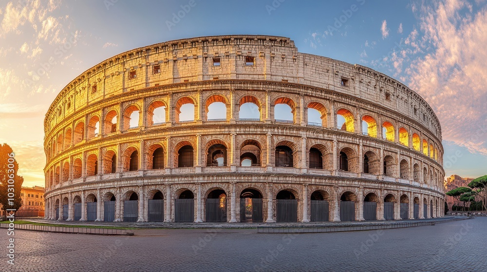 Naklejka premium Panoramic view of coliseum’s outer wall at sunset casting a golden glow on ancient stone