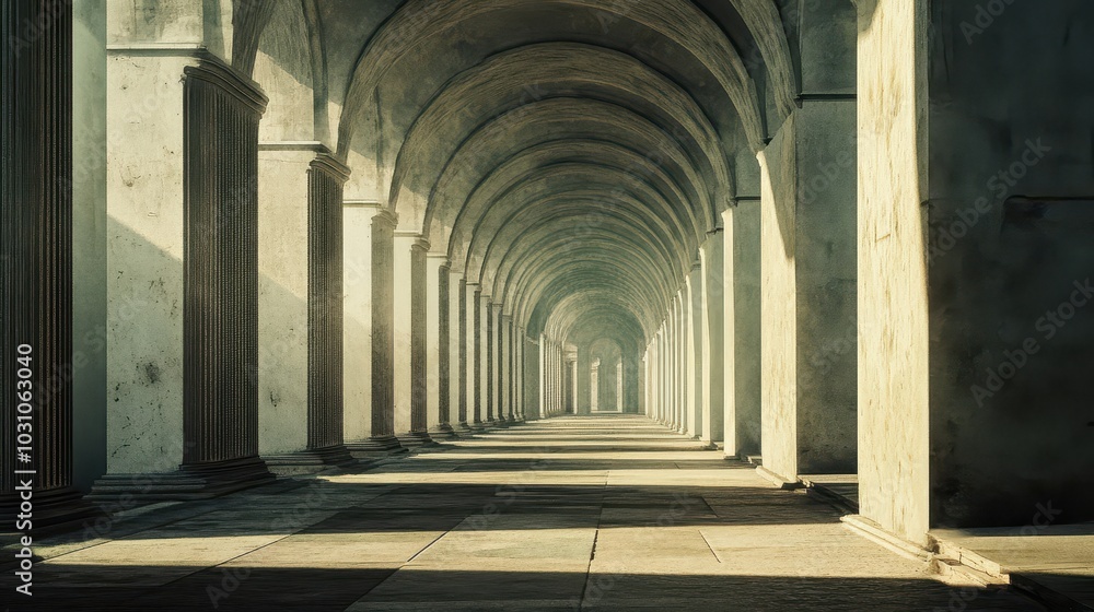 Coliseum’s arched corridors lined with stone columns soft lighting casting shadows on the ground Coliseum’s arched corridors lined with stone columns soft lighting casting shadows on the ground