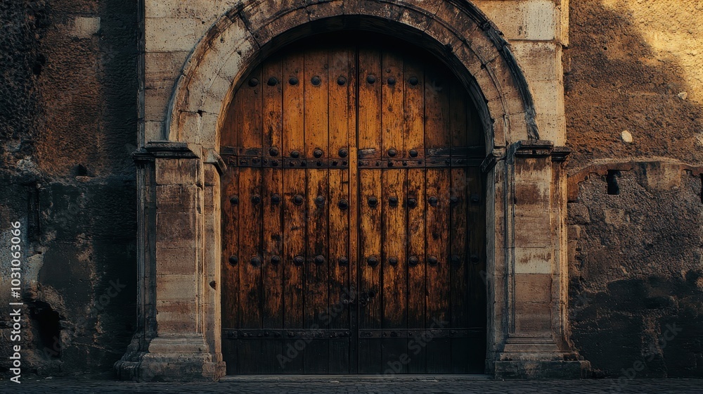 Massive wooden doors of coliseum entrance weathered wood contrasts with smooth stone frames Massive wooden doors of coliseum entrance weathered wood contrasts with smooth stone frames