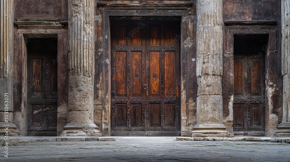 Coliseum entrance gates with massive wooden doors and smooth stone frames weathered by time Coliseum entrance gates with massive wooden doors and smooth stone frames weathered by time