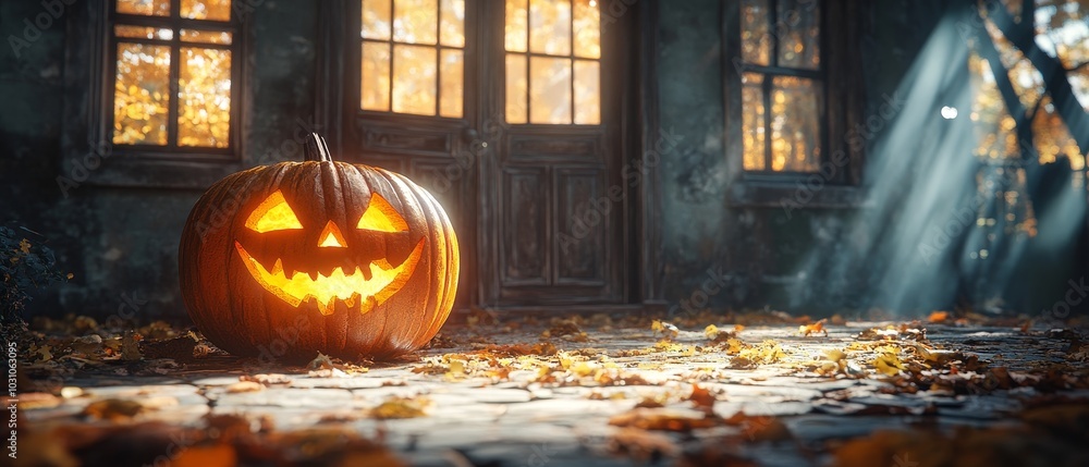 Obraz premium Haunted Halloween Pumpkin Night Scene Rendering
