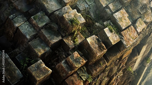 Broken section of coliseum’s outer wall jagged stones with moss and soft shadows visible