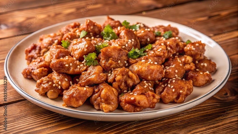 Delicious General Tso\'s chicken garnished with sesame seeds and fresh cilantro served on a white plate Delicious General Tso\'s chicken garnished with sesame seeds and fresh cilantro served on a white plate