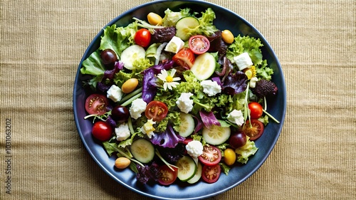 Fresh garden salad with colorful vegetables, cheese, and nuts served on a blue plate photo