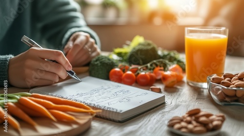 Woman planning healthy meal plan with vegetables and fruits photo