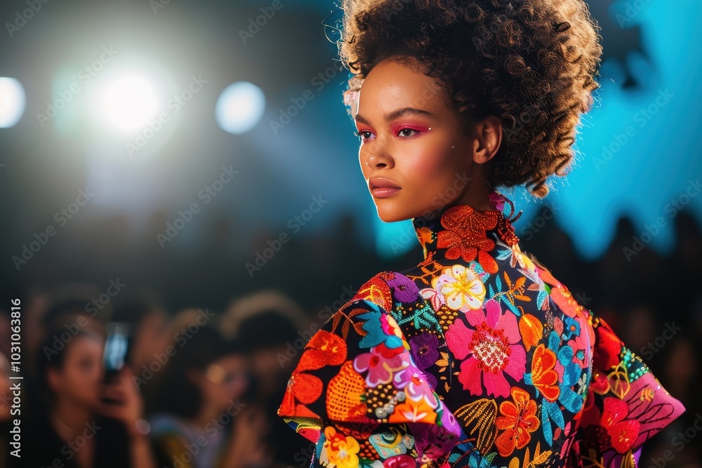 A model gracefully walks the runway wearing a vibrant floral dress during a fashion show, surrounded by a colorful backdrop rich in blooming patterns and hues A model gracefully walks the runway wearing a vibrant floral dress during a fashion show, surrounded by a colorful backdrop rich in blooming patterns and hues
