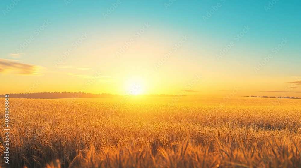 Obraz premium Golden Wheat Field at Sunset with a Silhouetted Tree Line