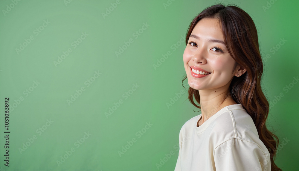 Smiling young woman with long wavy hair posing against a green background for portrait photography Smiling young woman with long wavy hair posing against a green background for portrait photography