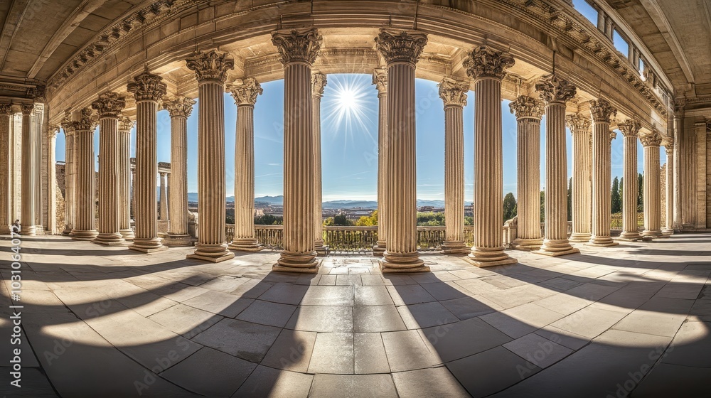 Obraz premium Symmetrical columns in Roman temple courtyard bright sun casting long shadows