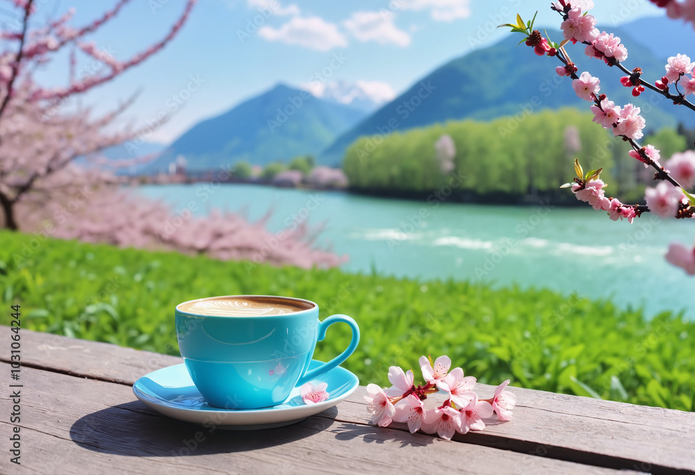 Beautiful coffee cup on wooden table with cherry blossoms and scenic lake view