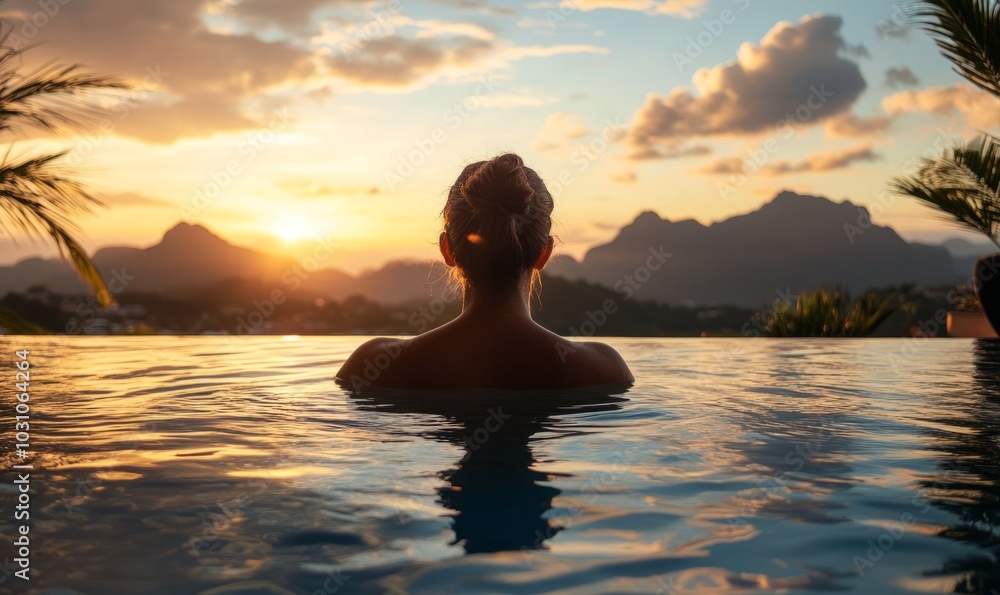 A woman enjoys a serene bath in a pool with a mountain backdrop during sunset. A woman enjoys a serene bath in a pool with a mountain backdrop during sunset.