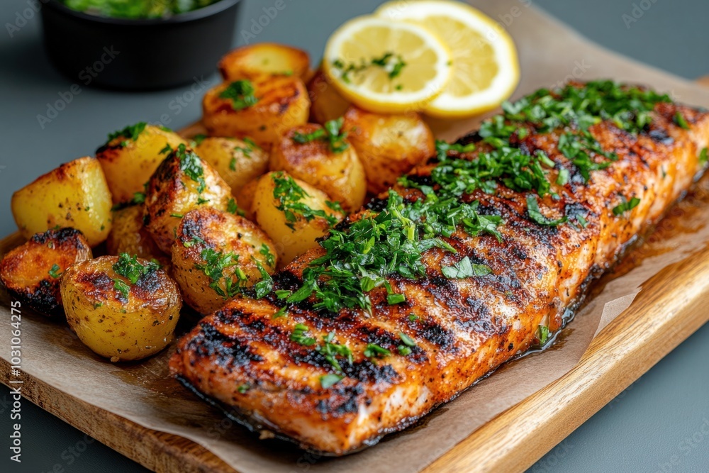 Delicious grilled salmon fillet served with roasted potatoes and fresh lemon slices on a wooden platter Delicious grilled salmon fillet served with roasted potatoes and fresh lemon slices on a wooden platter