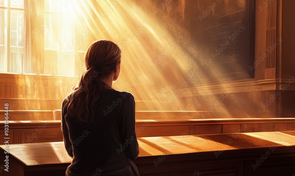 A woman sits thoughtfully in a courtroom during a legal proceeding, with sun rays illuminating the solemn space A woman sits thoughtfully in a courtroom during a legal proceeding, with sun rays illuminating the solemn space