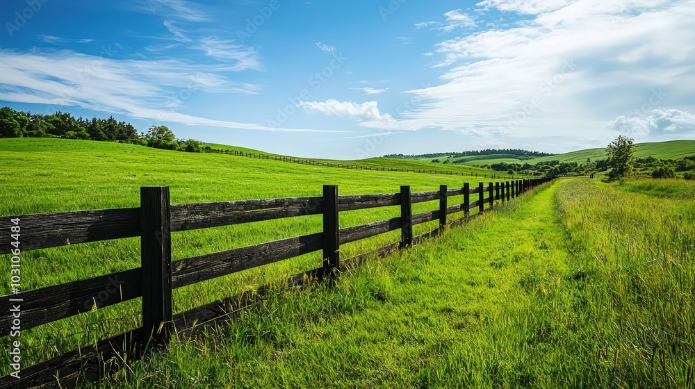 Expansive green countryside field bordered by a wooden fence under a clear sky Expansive green countryside field bordered by a wooden fence under a clear sky