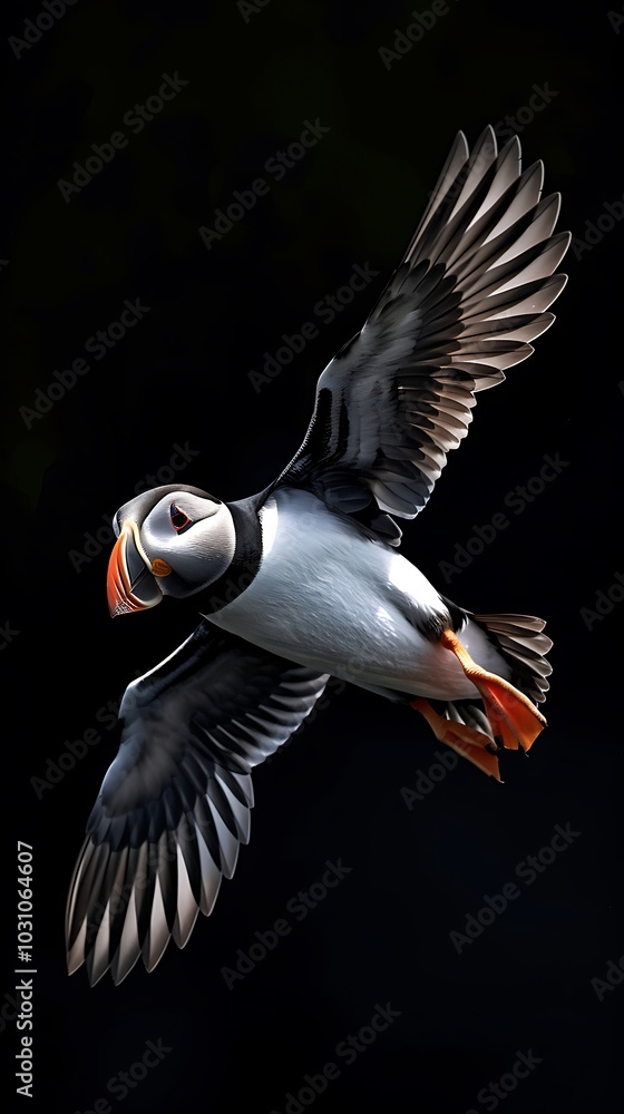 Naklejka premium Fratercula artica in flight, a beautiful Atlantic Puffin ai generated photo
