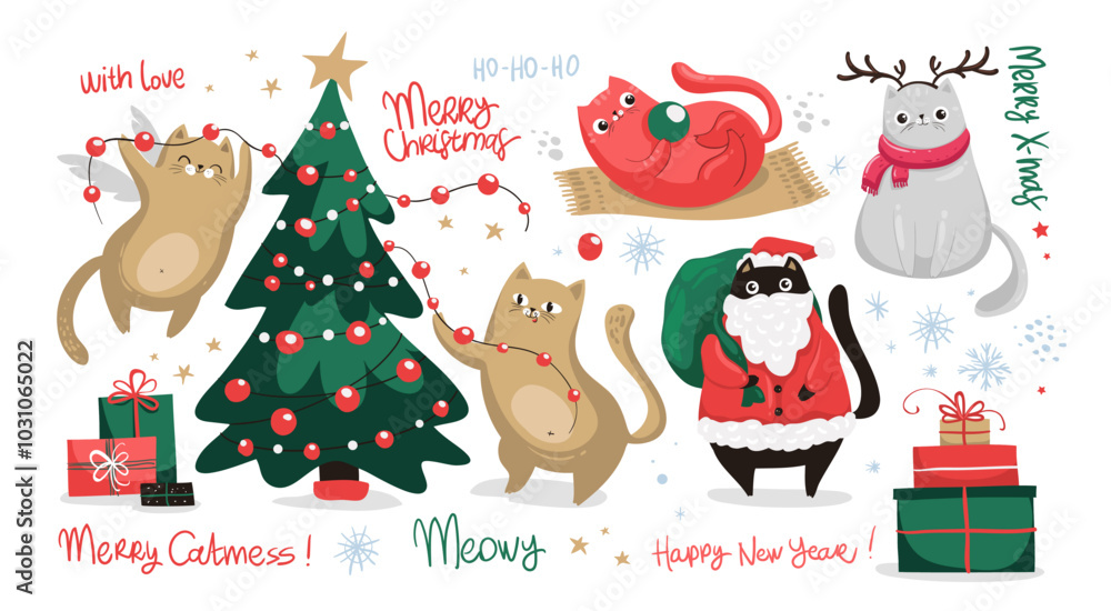 Fototapeta premium Set of Merry christmas and happy new year kawaii cats. Collection drawing of cute cats with chrastmas elements. Design for banner, invitation, card, greeting, banner, cover, scrapbooking