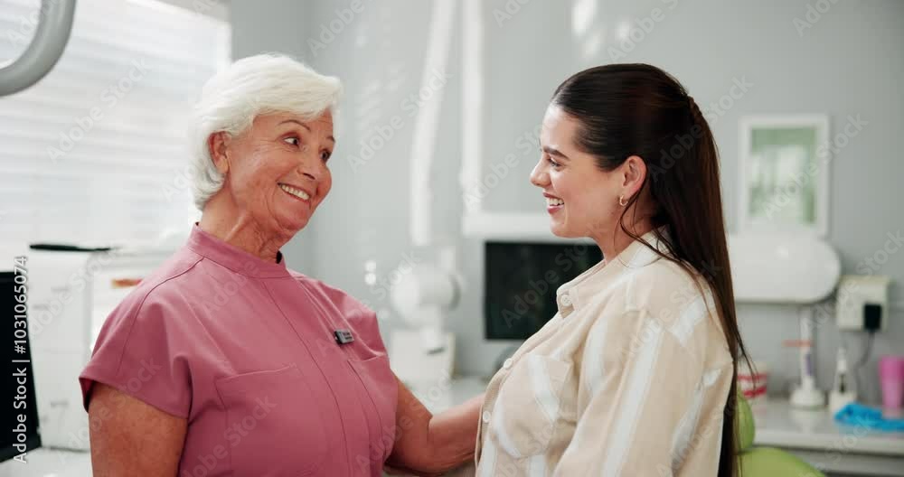 Thank you, mature and support with women at dentist for cleaning, oral hygiene and checkup. Consulting, dental and healthcare advice with people at clinic for orthodontist, treatment and exam Thank you, mature and support with women at dentist for cleaning, oral hygiene and checkup. Consulting, dental and healthcare advice with people at clinic for orthodontist, treatment and exam