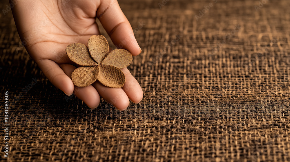 Hand holding dried seeds on woven textured surface Hand holding dried seeds on woven textured surface