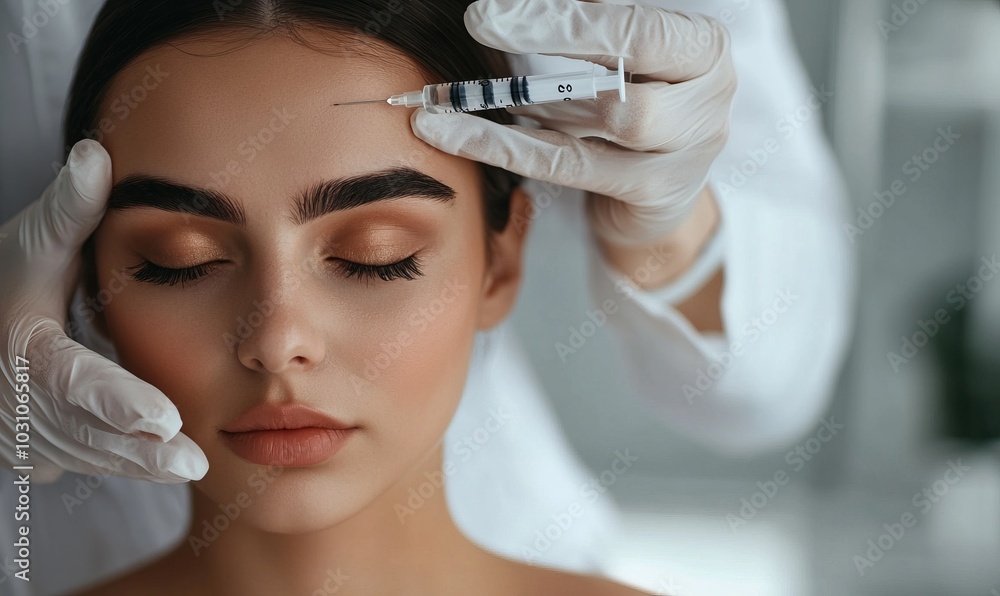Cosmetologist making beauty injection to young woman, holding hand with syringe near eyes area Cosmetologist making beauty injection to young woman, holding hand with syringe near eyes area