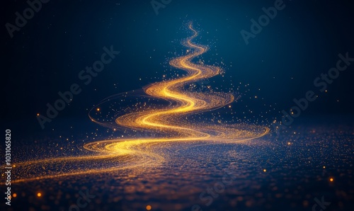 An abstract Christmas tree made of swirling light trails, twinkling stars, and delicate golden sparkles, set against a deep blue night sky.