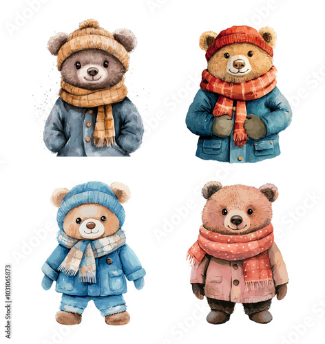 Watercolor bears in winter clothes. Cute baby bear warm coat hat jacket scarf, funny teddy child doll toy painting hand drawn cold season animals mascot concept vector illustration