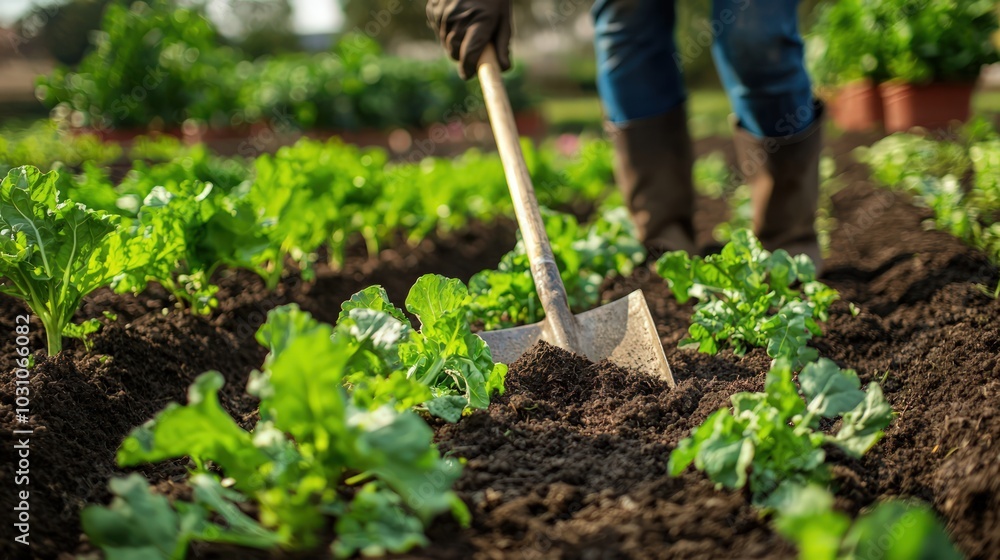 Farmer working the soil with a shovel in a lush vegetable garden, showcasing organic farming. Farmer working the soil with a shovel in a lush vegetable garden, showcasing organic farming.