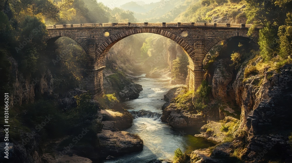 Roman bridge spanning a rocky gorge sunlight casting shadows on the fast-flowing river Roman bridge spanning a rocky gorge sunlight casting shadows on the fast-flowing river