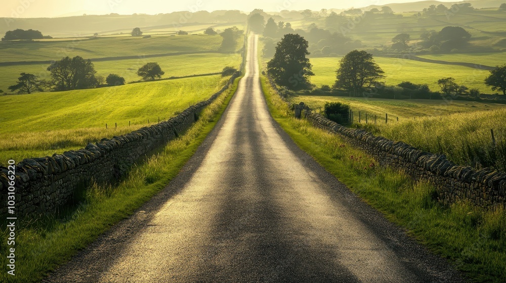 Naklejka premium Panoramic view of Roman road stretching into horizon bordered by ancient stone walls soft shadows cast by sunlight