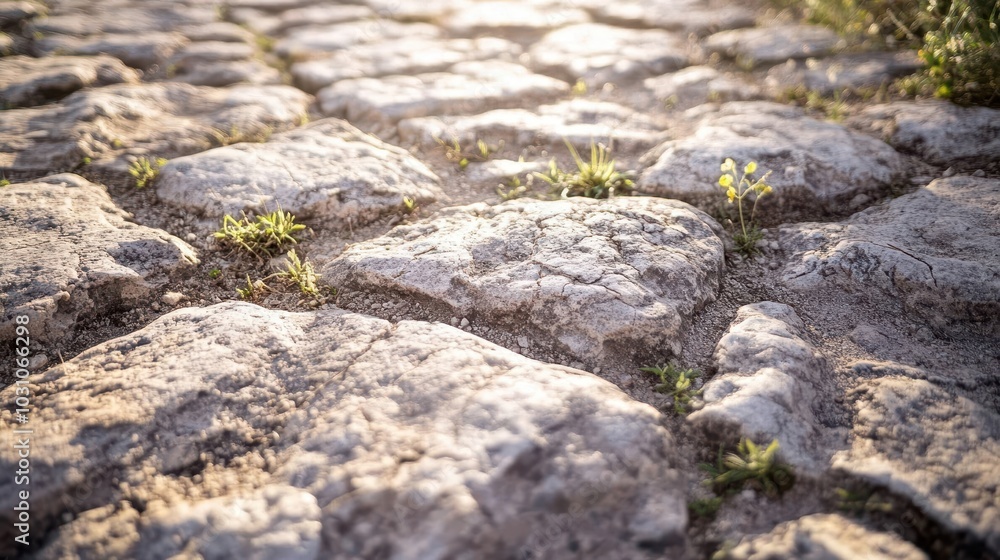 Close-up of Roman road stones smooth and worn with subtle cracks and plants growing between stones Close-up of Roman road stones smooth and worn with subtle cracks and plants growing between stones