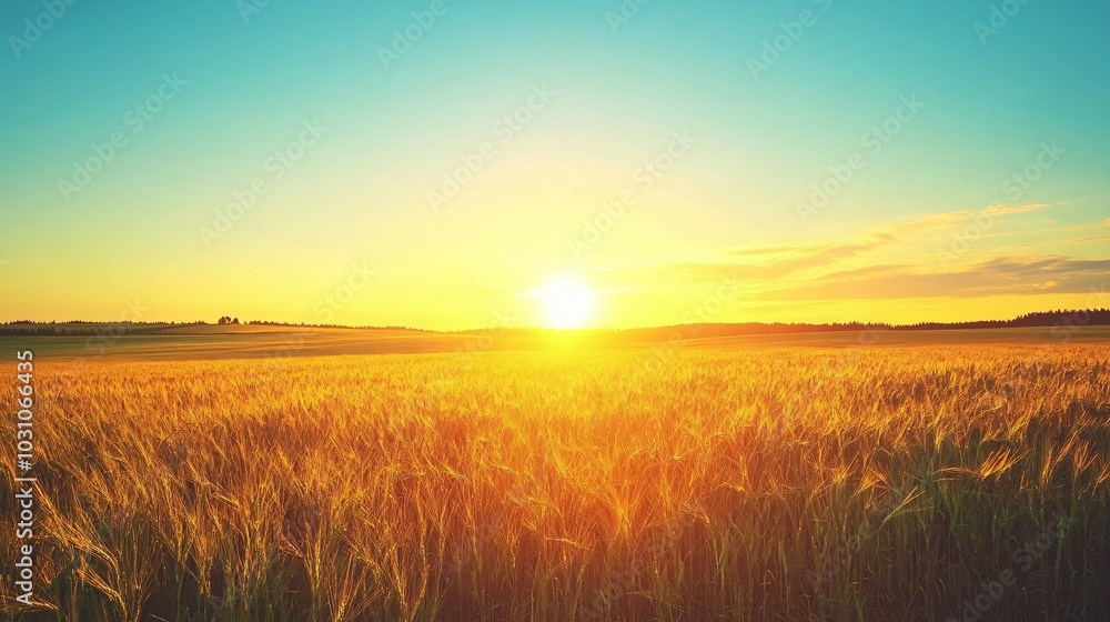 Golden Wheat Field at Sunset with a Bright Sun Golden Wheat Field at Sunset with a Bright Sun