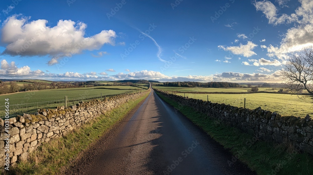 Roman road under a bright sky with ancient stone walls and green fields stretching into the horizon Roman road under a bright sky with ancient stone walls and green fields stretching into the horizon