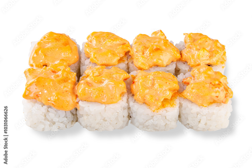 baked sushi rolls on a white background baked sushi rolls on a white background