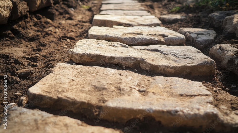 Close-up of Roman road’s foundation stones their rough texture revealed under bright sunlight Close-up of Roman road’s foundation stones their rough texture revealed under bright sunlight