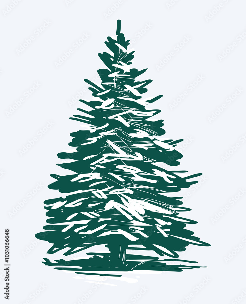 Hand drawing of one christmas tree under snow, vector illustration, greeting card Hand drawing of one christmas tree under snow, vector illustration, greeting card