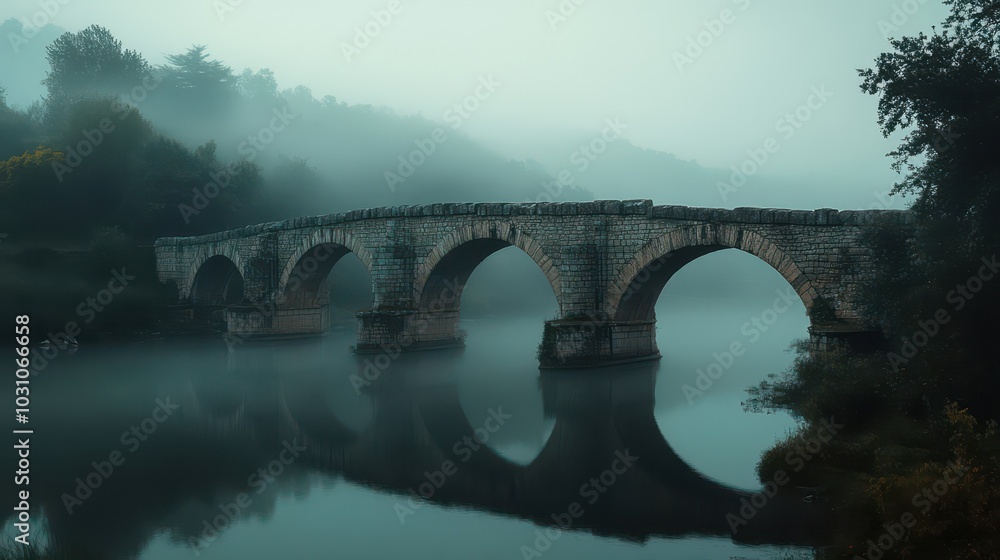 Fototapeta premium Roman bridge arches shrouded in early fog with dewy stones and soft light adding a mystical feel