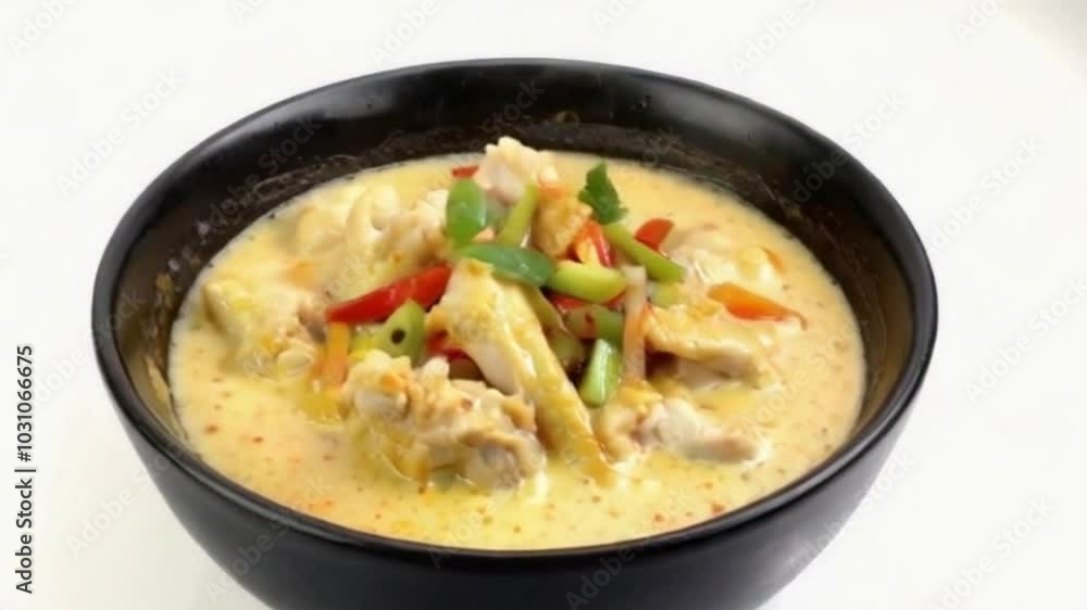 Ultra HD 4K Looped Animation of White Curry in Black Bowl with Creamy Broth, Chicken, and Vegetables Isolated on White Background Ultra HD 4K Looped Animation of White Curry in Black Bowl with Creamy Broth, Chicken, and Vegetables Isolated on White Background
