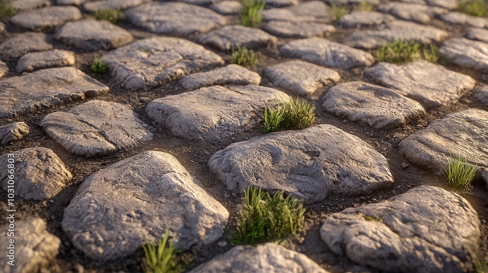 Close-up of Roman road stones uneven and cracked with grass growing between them brightly lit Close-up of Roman road stones uneven and cracked with grass growing between them brightly lit