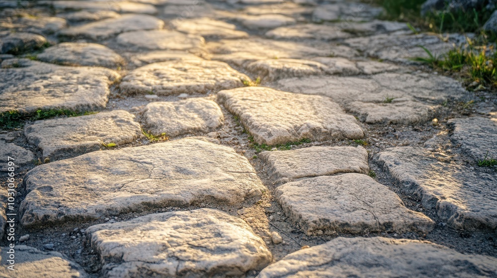Detailed view of Roman road stone slabs their edges cracked and chipped with small plants in between