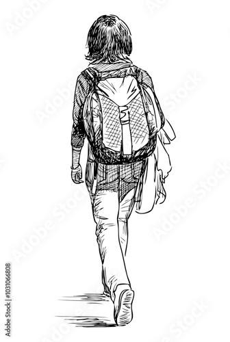 Sketch of casual teenager student with backpack walking away on summer day, realistic hand drawing, vector illustration isolated on white