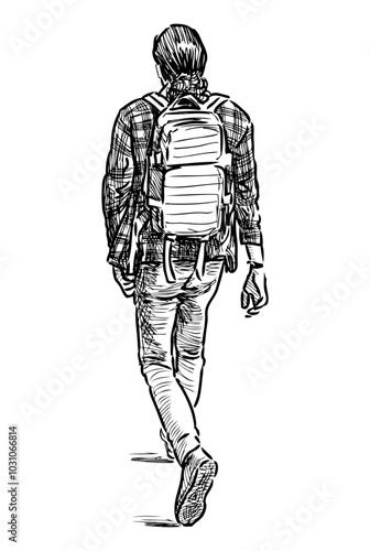 Sketch of casual teen student with backpack walking away on summer day, realistic hand drawing, vector illustration