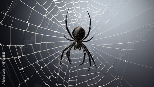 Realistic black spider sitting in the center of a detailed spider web, isolated for easy cutout and use in Halloween and horror themes