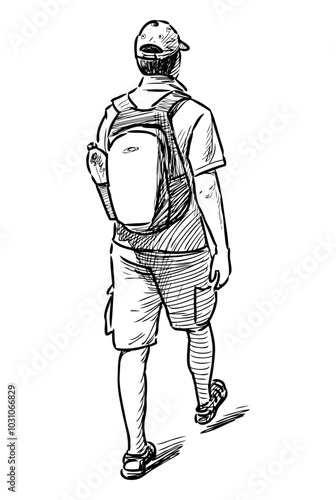 Sketch of casual tourist man in hat with backpack walking away on summer day, realistic hand drawing, vector illustration isolated on white