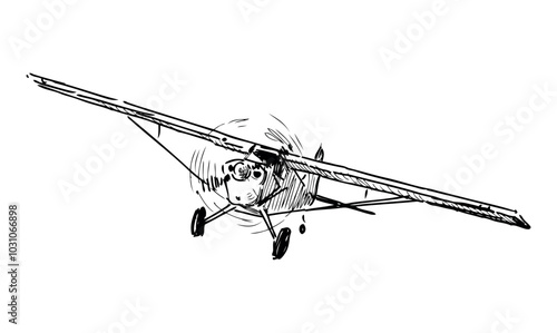 Sketch of retro airplane in flight, front view, realistic hand drawn vector illustration isolated on white