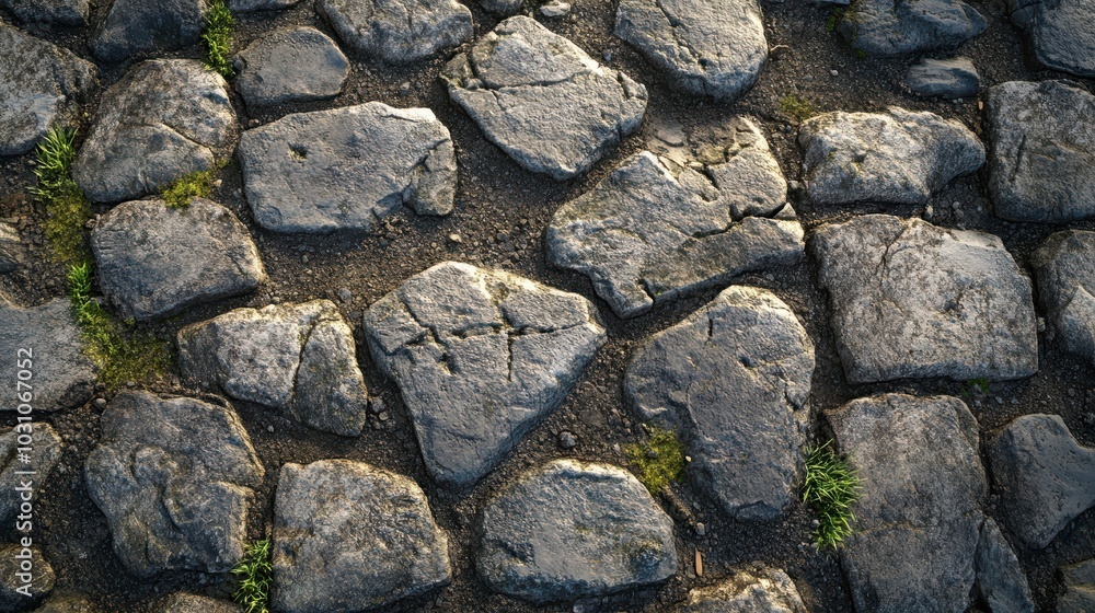 Close-up of Roman road mortar cracked with moss and grass in gaps bright light showing wear Close-up of Roman road mortar cracked with moss and grass in gaps bright light showing wear