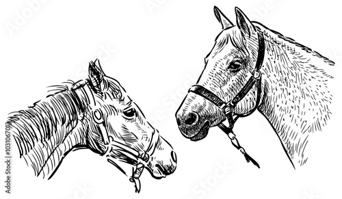 Sketches of horse and foal head in harness, realistic hand drawing, vector, isolated on white
